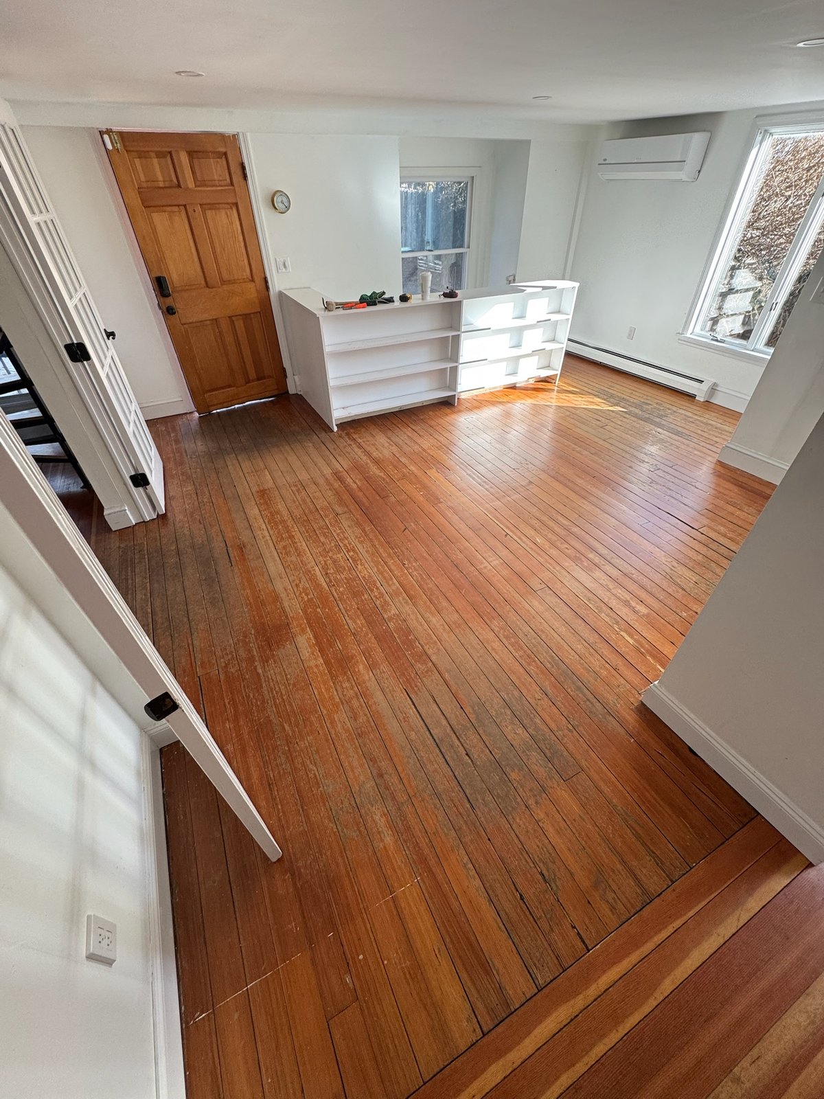 Middletown RI — existing worn hardwood floor before restoration, second alternate angle