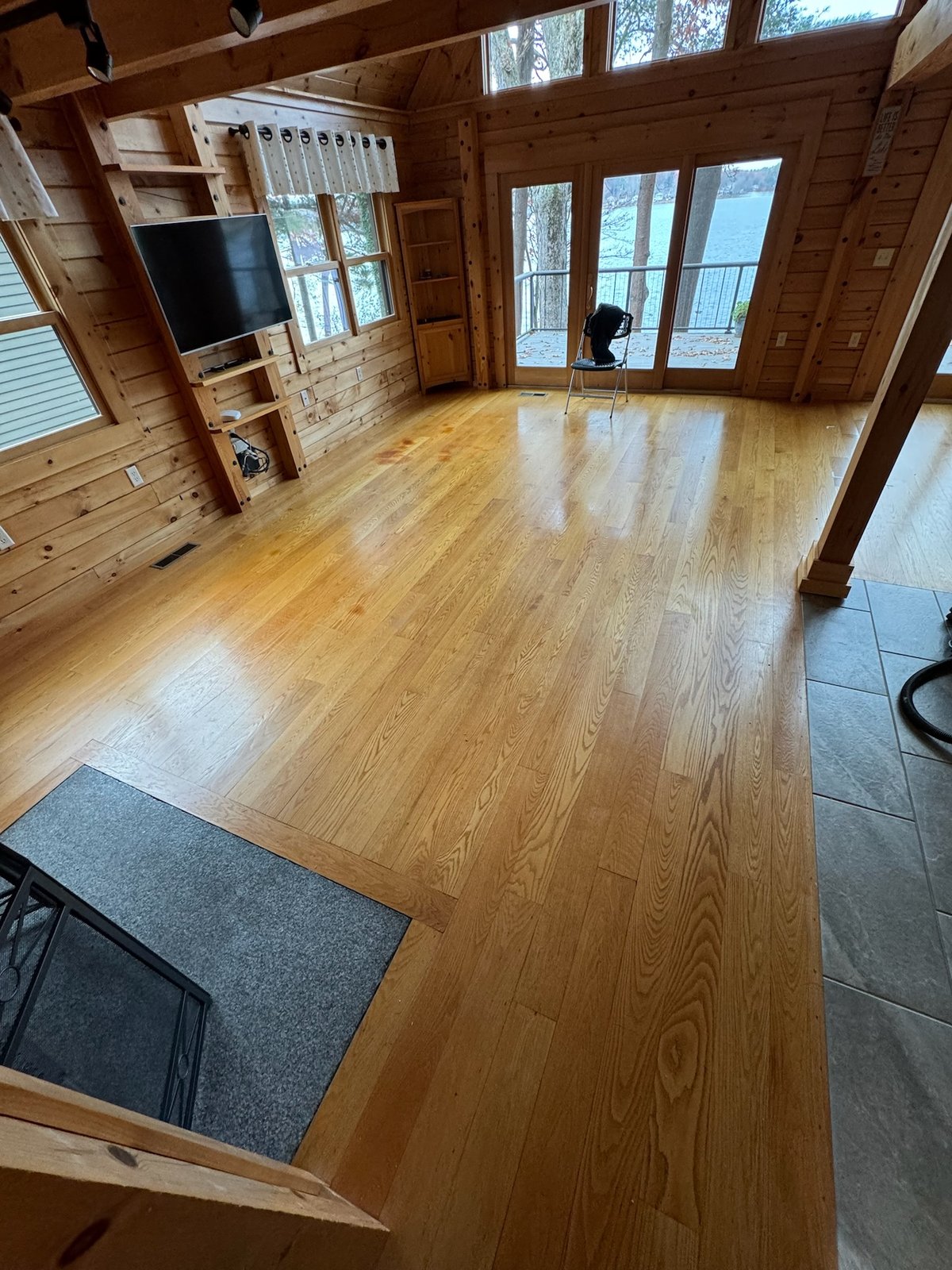 Killingly CT — sanded raw lake room hardwood before water-popping and staining