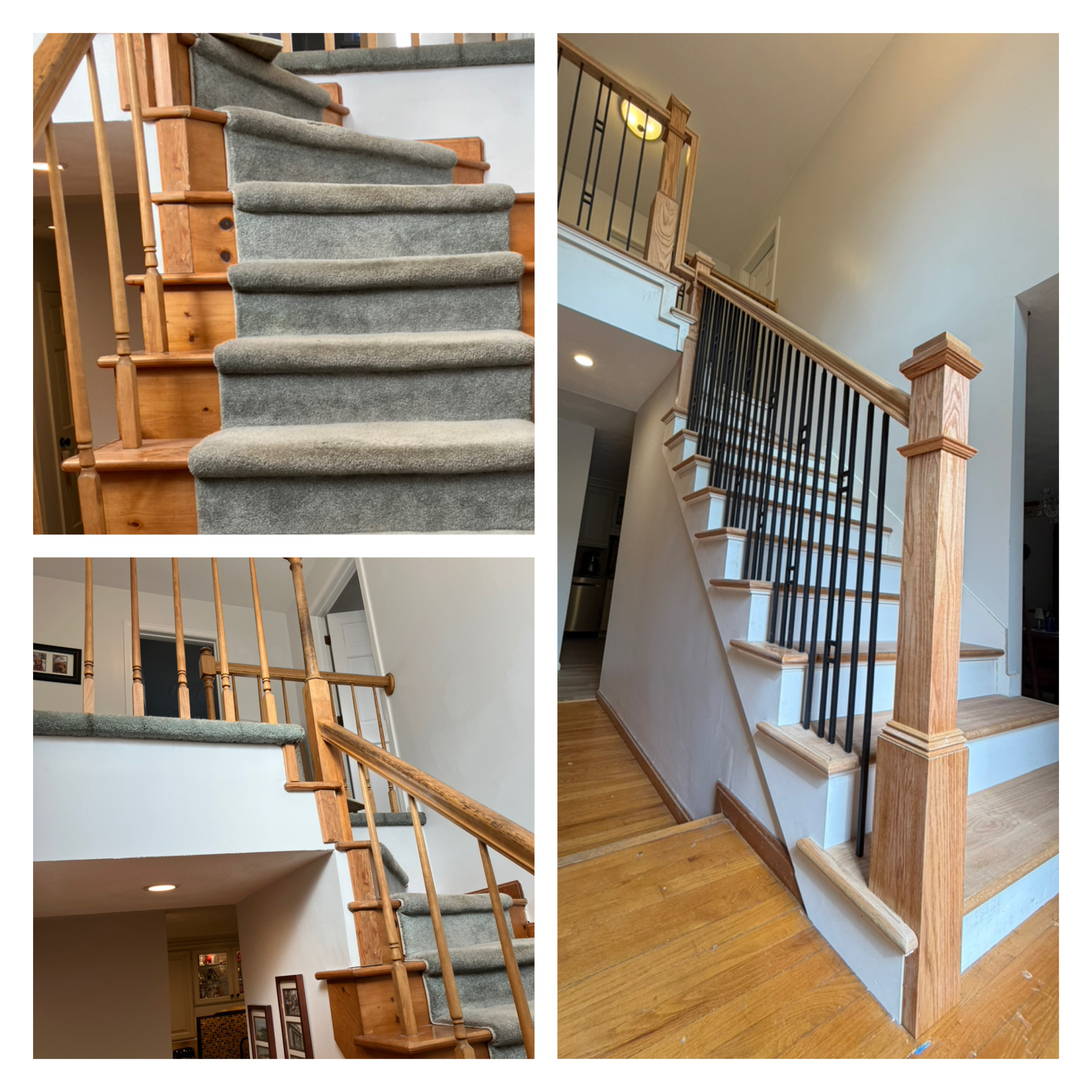 Before and after staircase transformation - carpeted stairs to modern oak with iron balusters