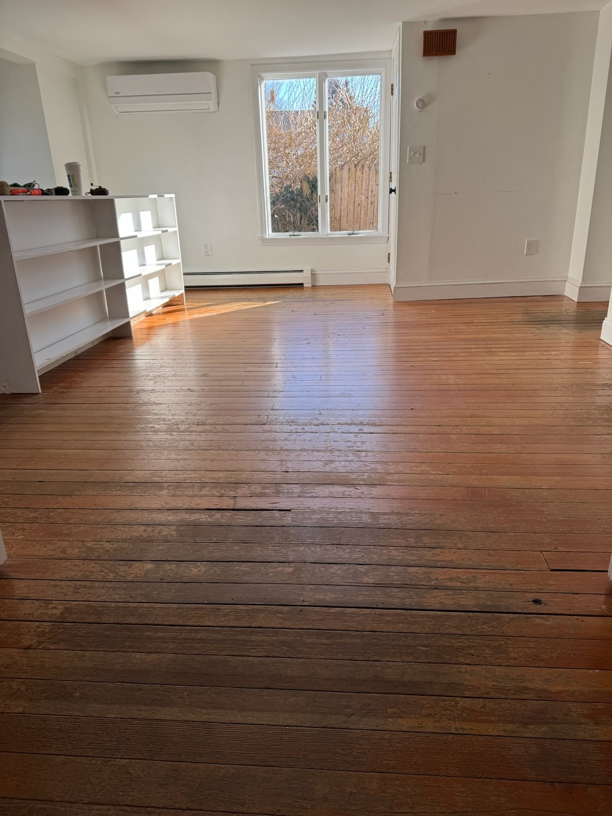 Middletown RI — existing worn hardwood floor before restoration, alternate angle