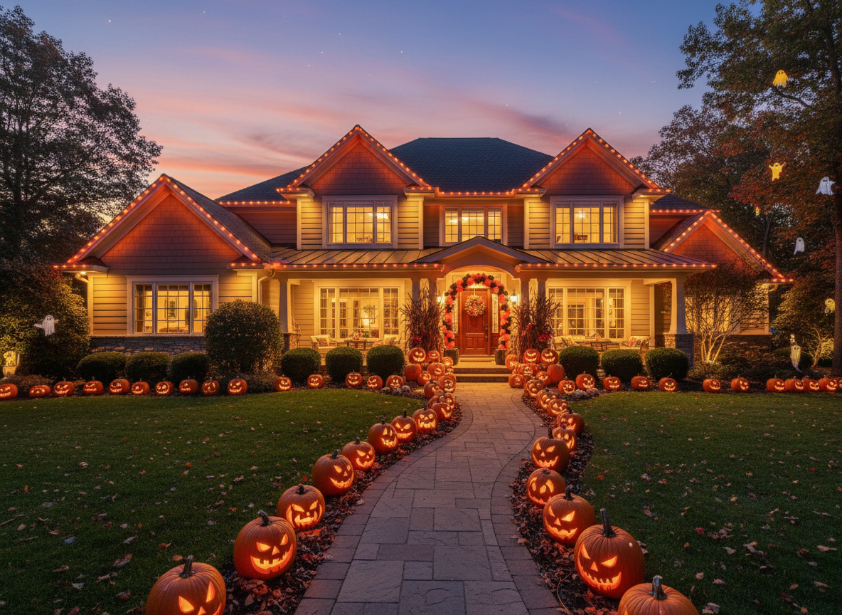 Beautiful fall-themed house with autumn landscaping and warm lighting