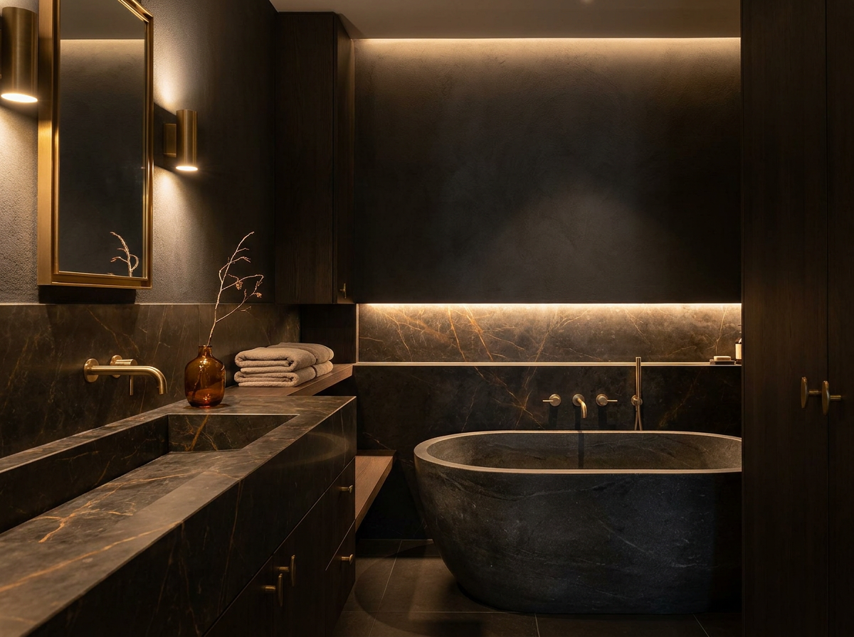 Luxury bathroom interior with warm moody lighting
