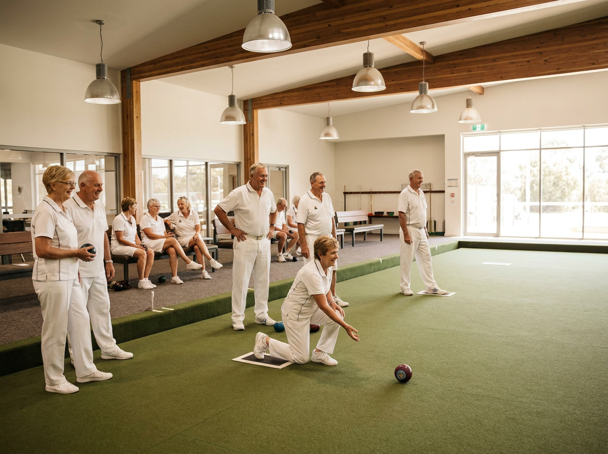 Senior bowlers playing on an indoor covered green in NSW