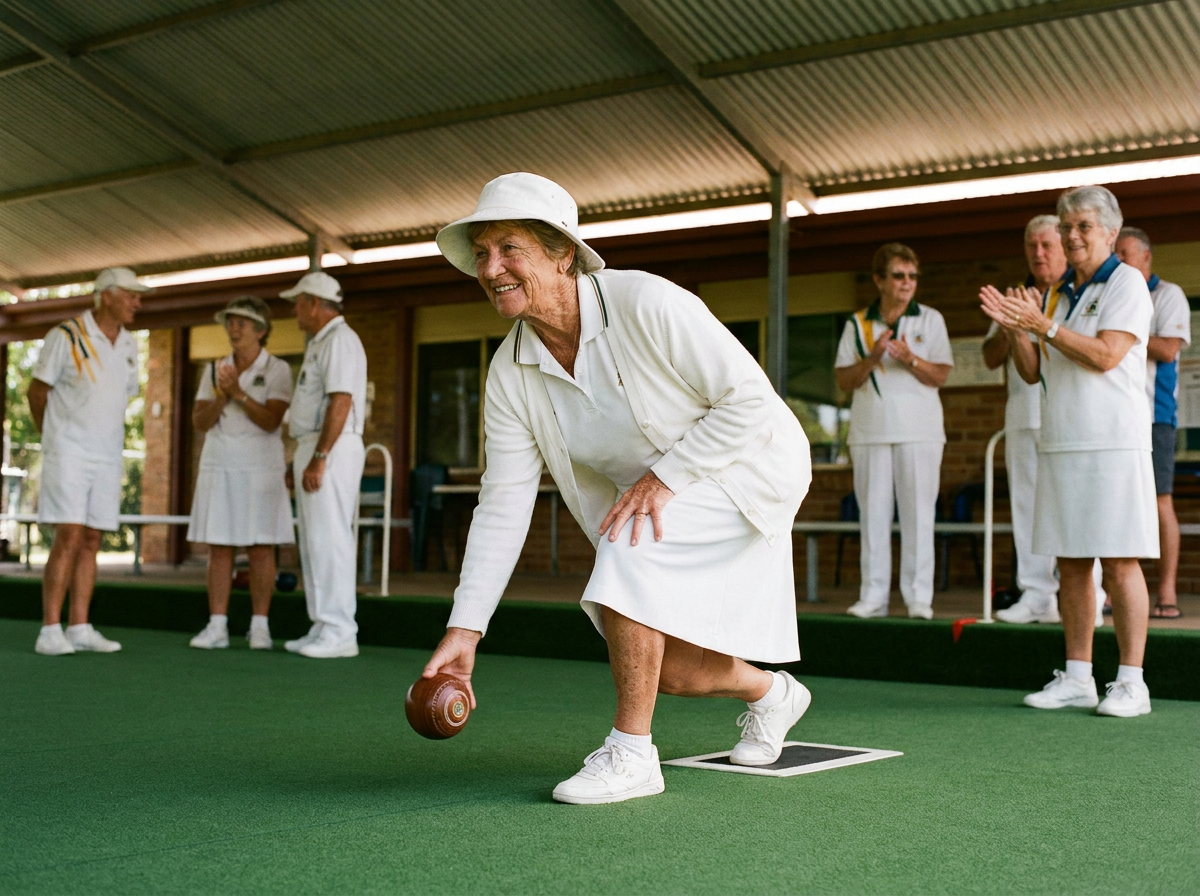 Senior bowler delivering on a covered lawn bowls green