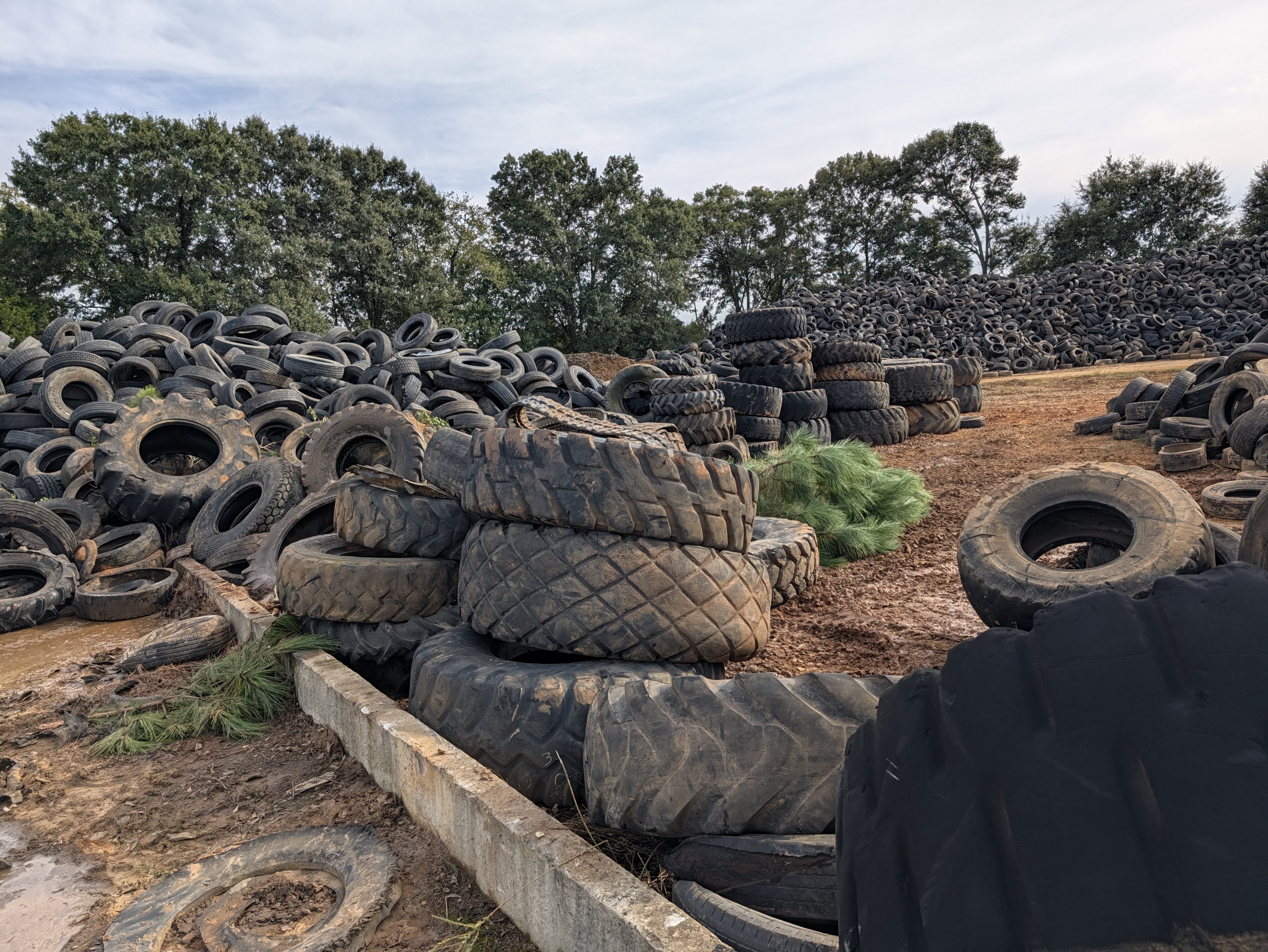 Waste tire stockpile at Eco Tire Solutions Hartwell GA processing facility showing passenger and OTR tires