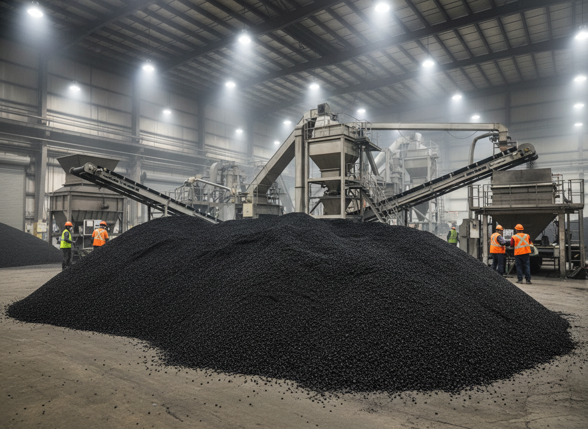 Crumb rubber processing plant with workers at Eco Tire Solutions