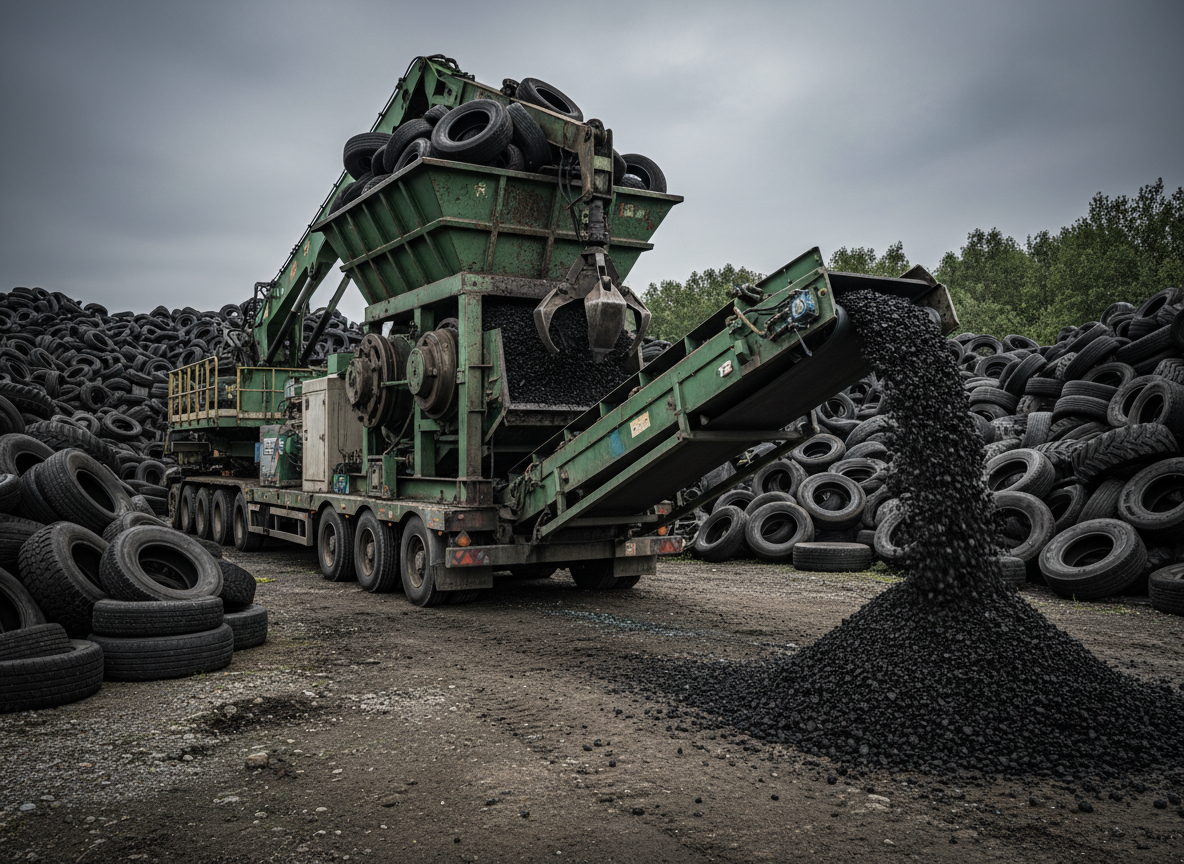 BCA PD1000 portable tire shredder processing waste tires on-site at a South Carolina landfill