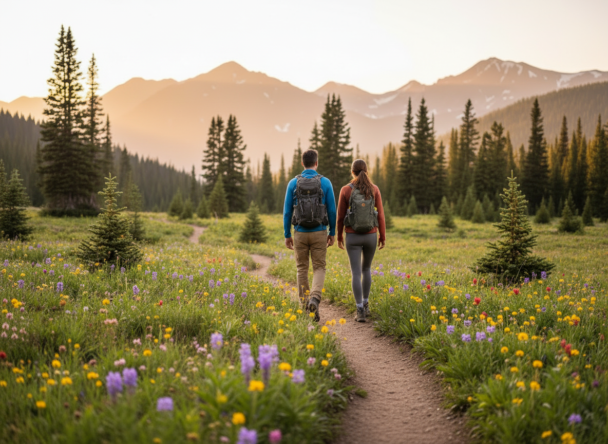 Colorado mountain trail surrounded by wildflowers and trees