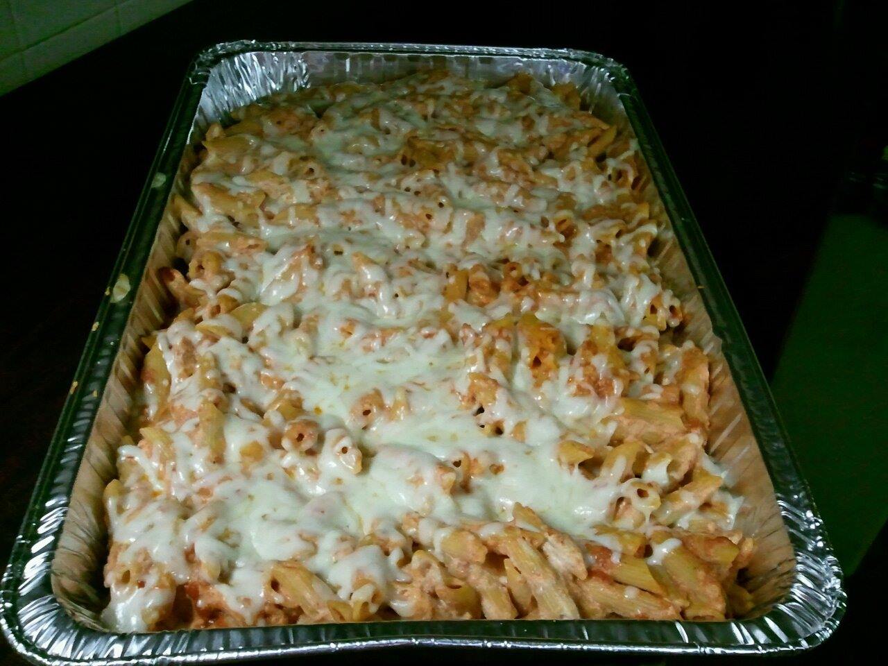 JoJo's baked ziti party tray — real catering photo
