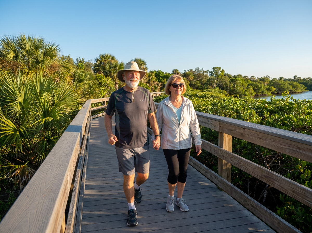 Senior man walking briskly with a companion along a Sarasota nature boardwalk — confident stride after recovery