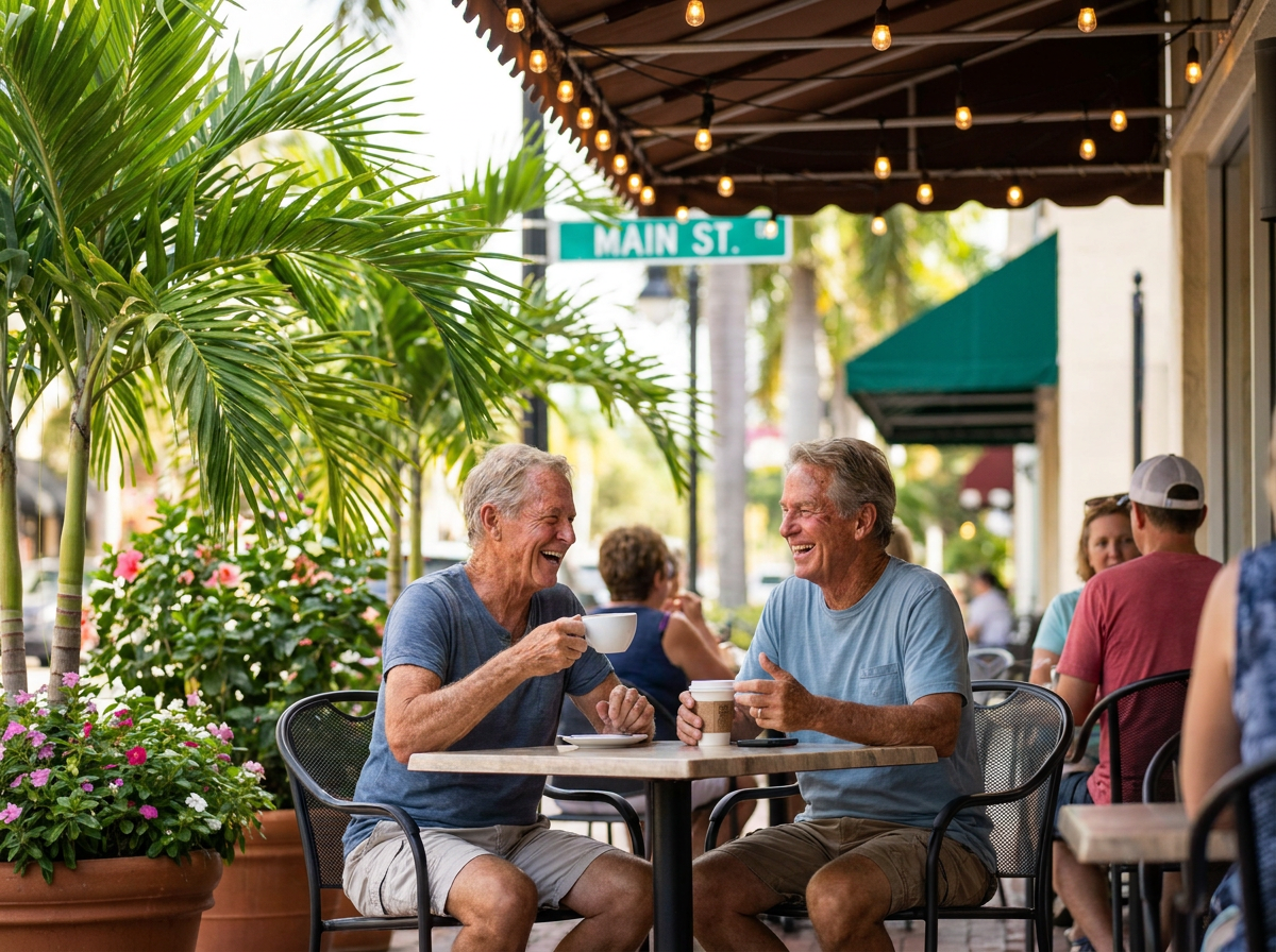 Relaxed couple laughing over outdoor café coffee in Sarasota — headache-free, jaw-ease time with family