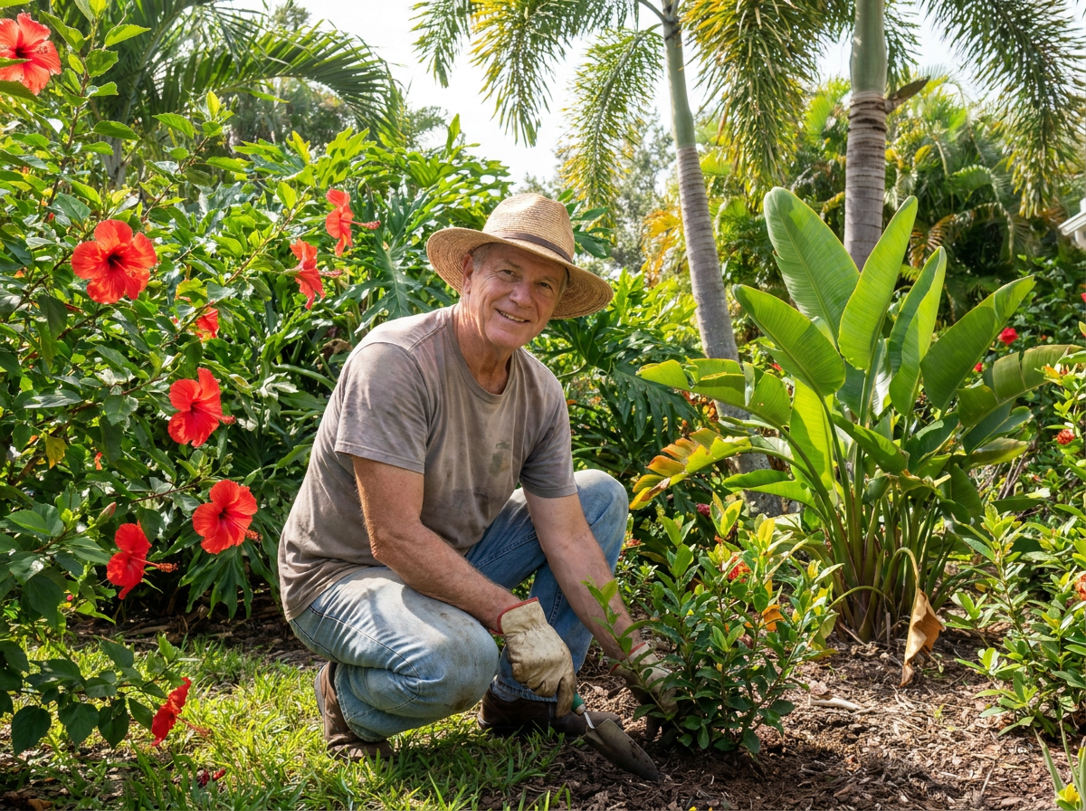 Active senior man gardening comfortably in his Florida backyard after chronic low back pain treatment