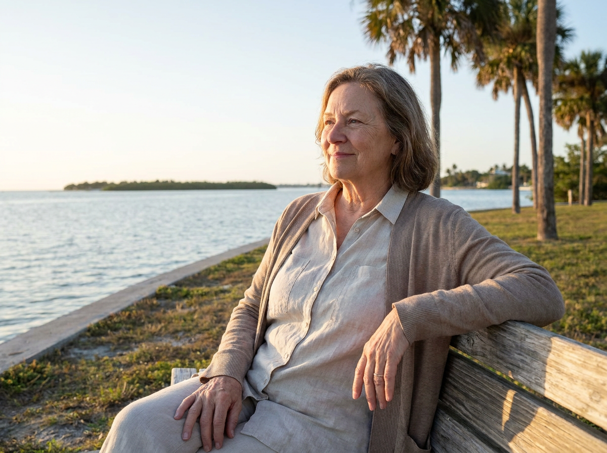 Senior woman sitting peacefully at a Sarasota bayfront park after fibromyalgia treatment — calm, relaxed, and free from pain
