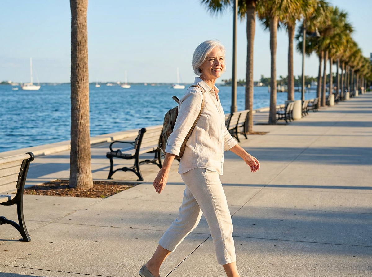 Active senior woman walking confidently along the Sarasota Florida waterfront after sciatica treatment at AcuMed Clinic