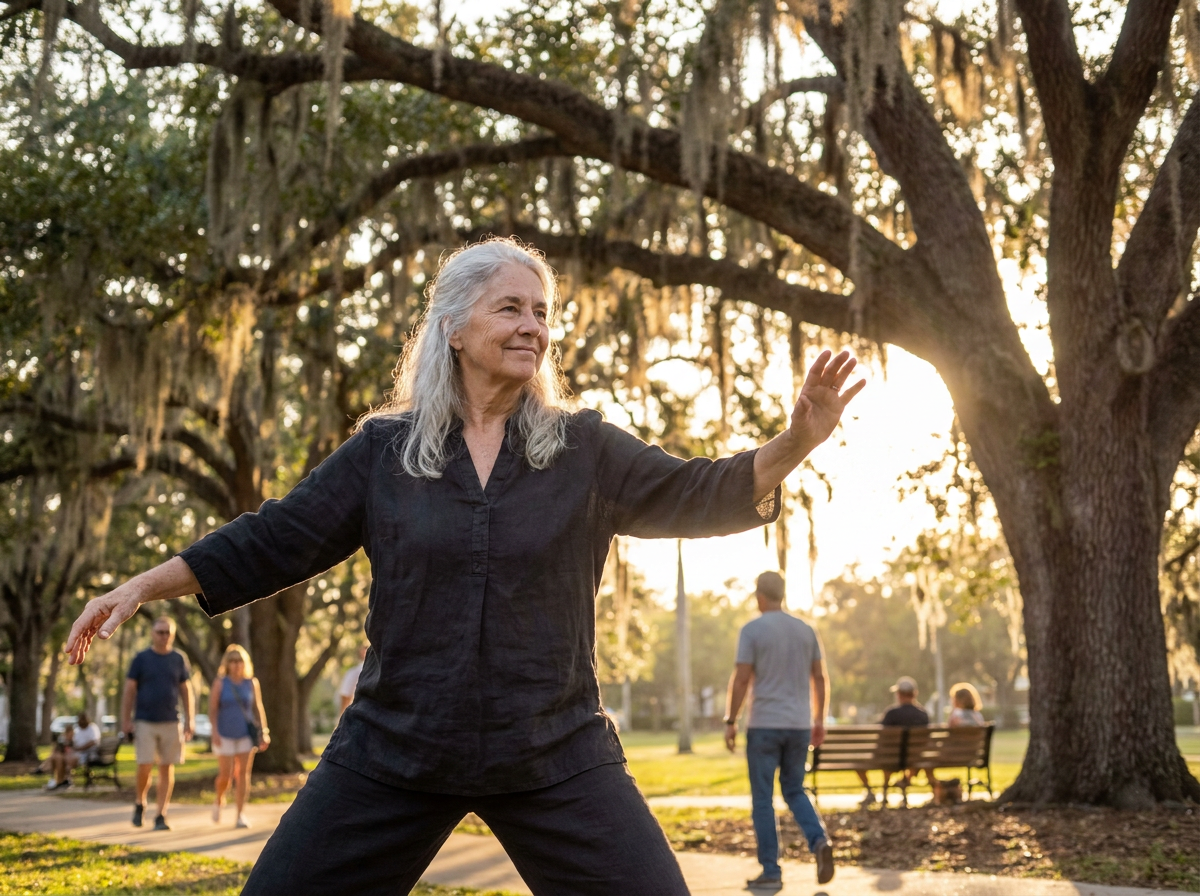 Older adult practicing Tai Chi in a Sarasota park at golden hour — balance and grounding reclaimed from neuropathy
