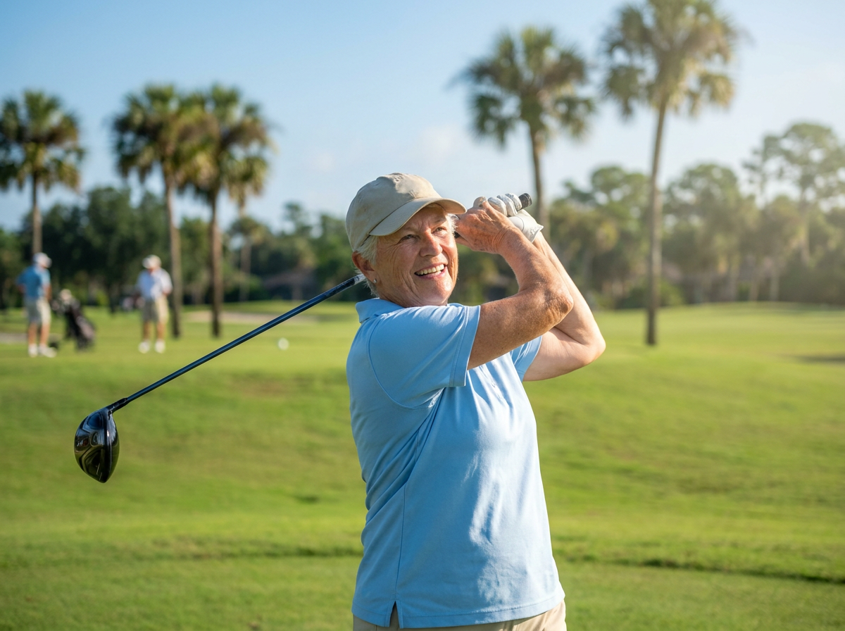Senior woman golfing on a sunny Sarasota course — the kind of spinal mobility AcuMed helps patients reclaim