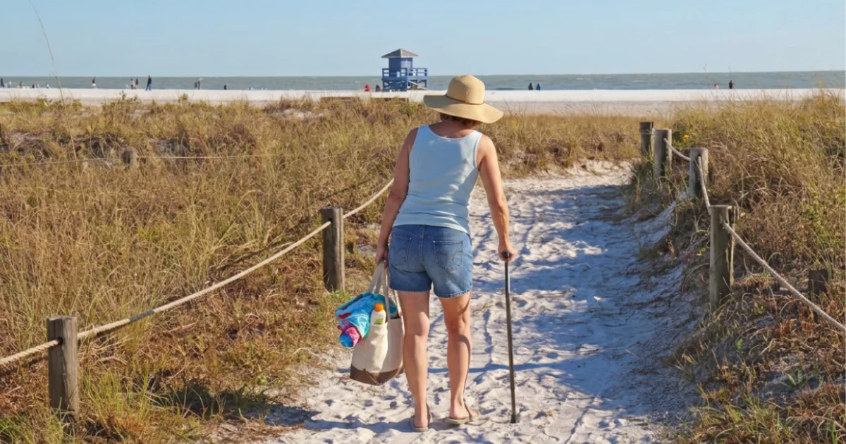 Woman with hip pain at Siesta Key Beach — AcuMed Clinic treats hip arthritis and chronic pain in Sarasota