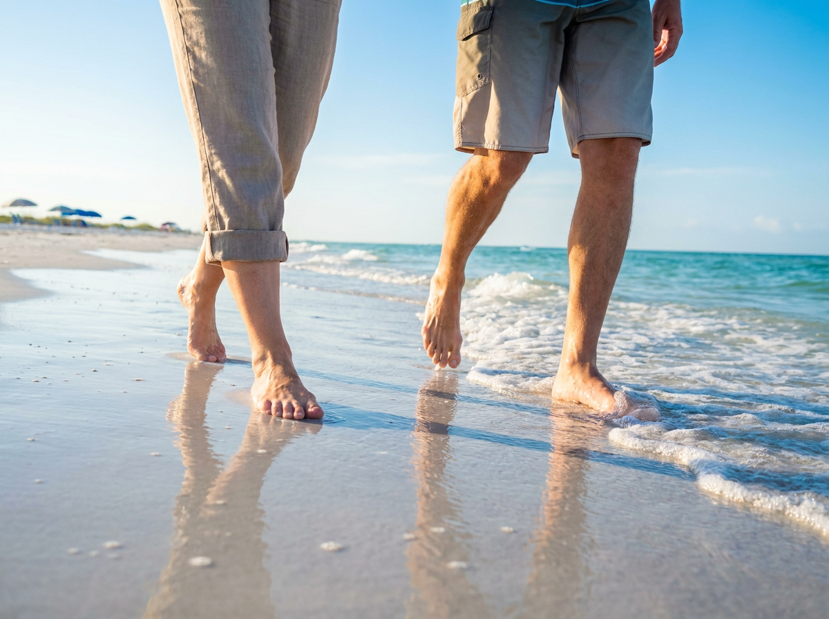Couple walking barefoot along the water's edge on Siesta Key Beach — steady foot and ankle stride