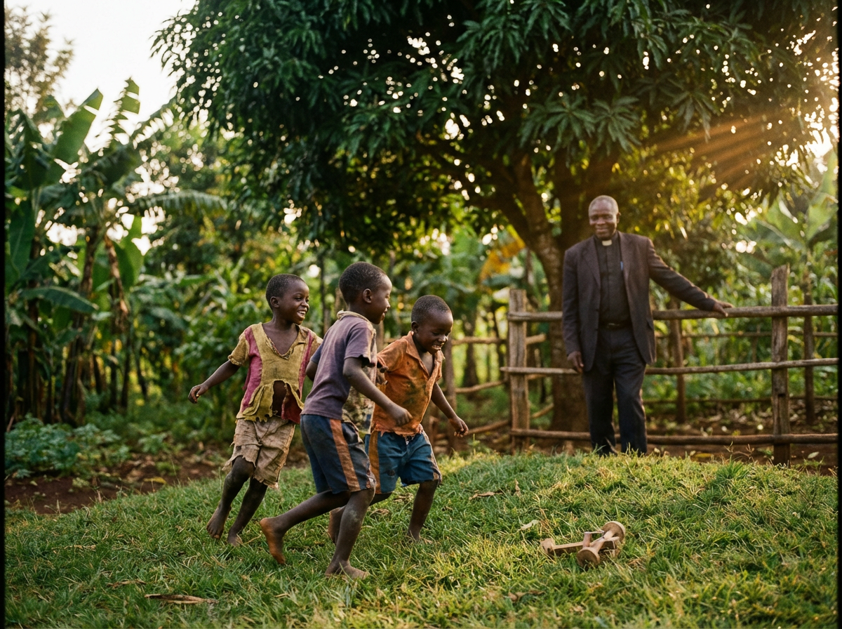 Three boys playing joyfully in a lush green setting in Burundi