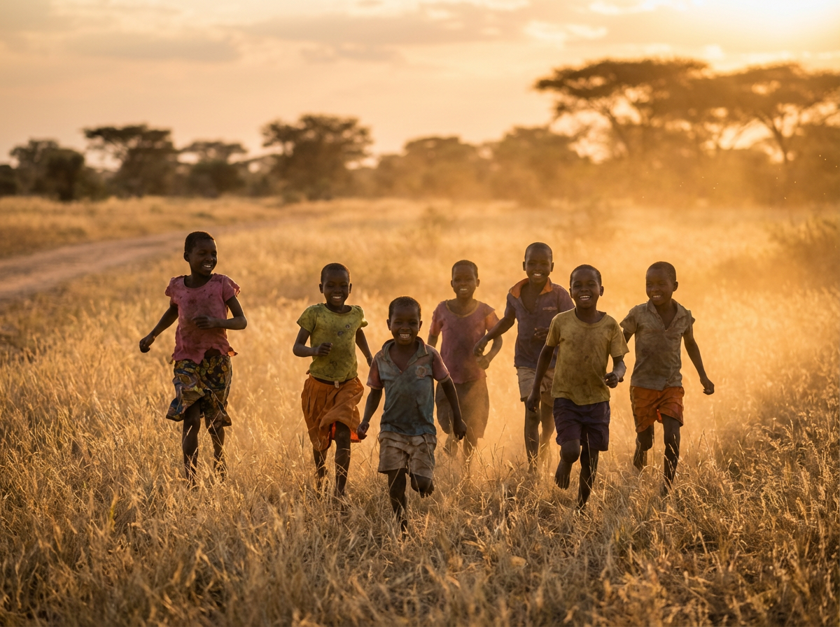 Children running joyfully through golden fields at sunset in Africa
