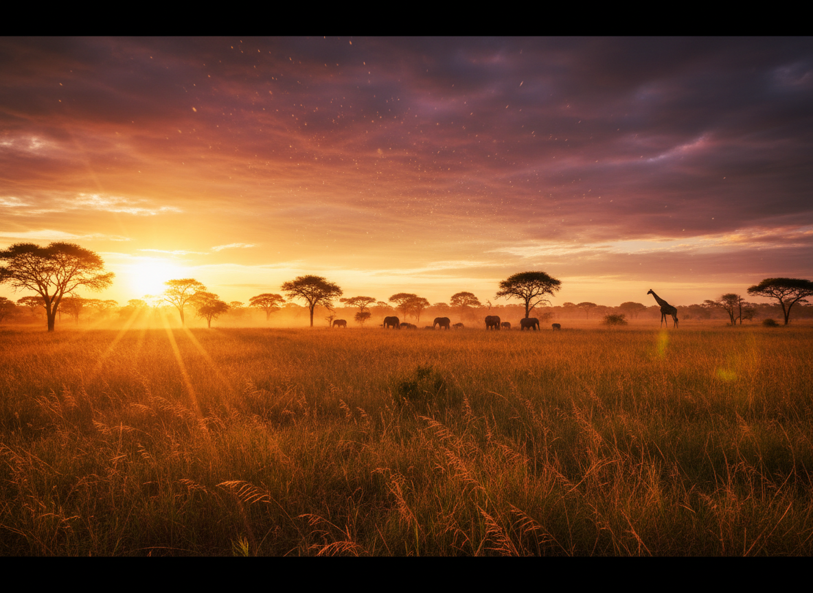 Cinematic golden sunset over African savanna with acacia trees