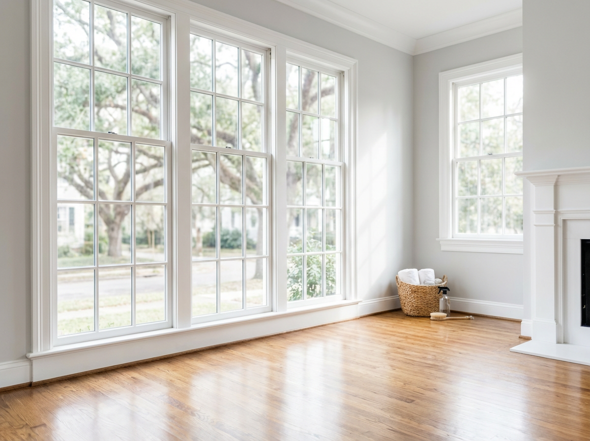 A spotless, bright living room after a move-out clean