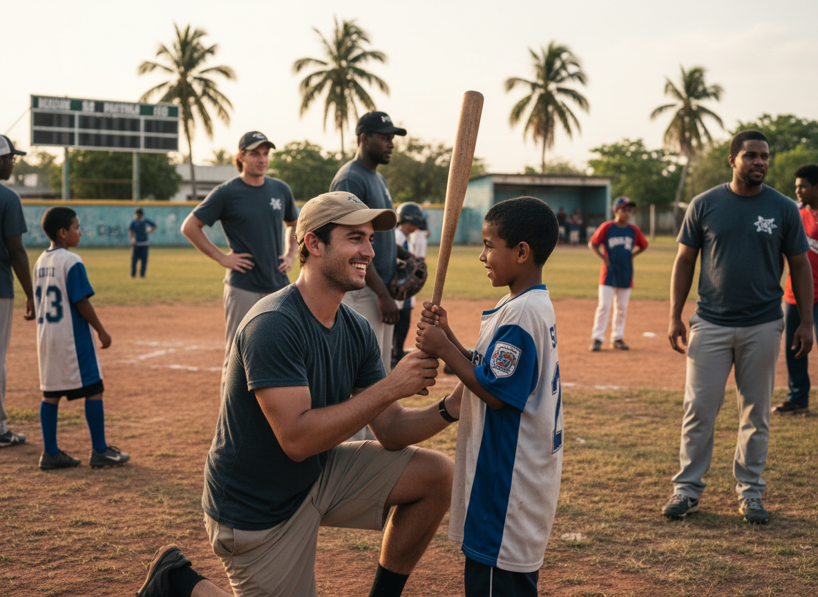 American volunteer kneeling with a young Dominican baseball player
