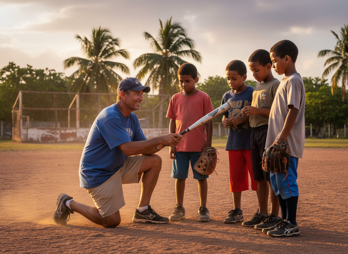 Baseball coach helping young Dominican players on the field
