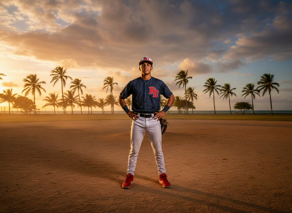 Dominican baseball player wearing RD jersey at golden hour