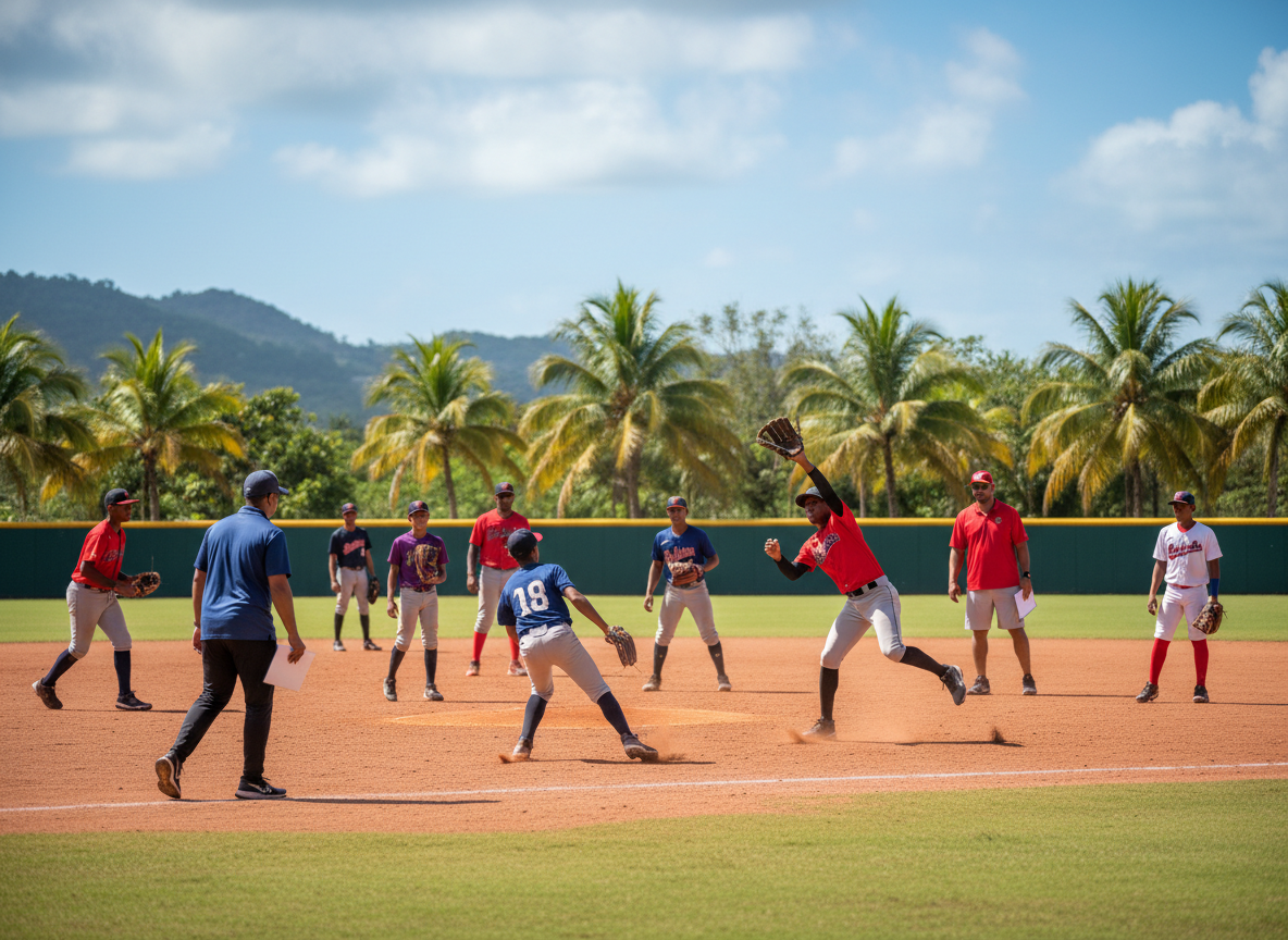 Baseball players training on a Dominican Republic field at sunset