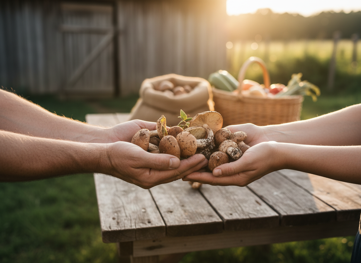 Hands carefully holding freshly harvested mushrooms