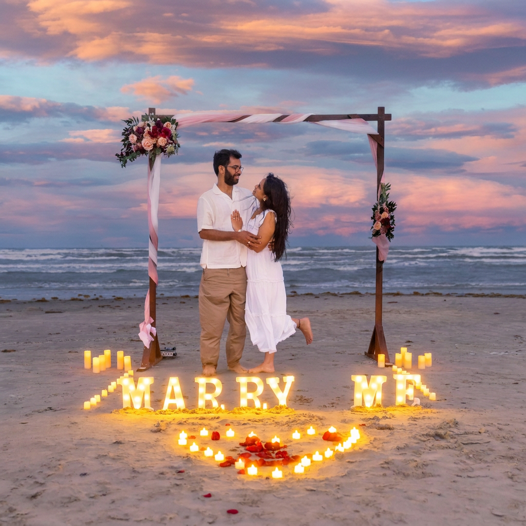 Surprise proposal on a Galveston beach with floral arch and Marry Me candles — photographed by Nancy Hruby Creative Co.