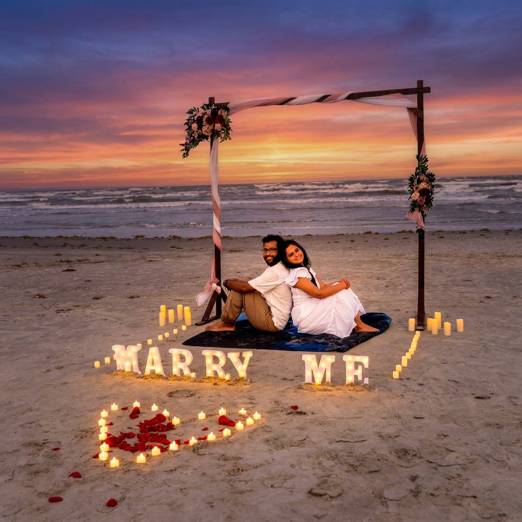 Couple at a curated beach engagement shoot with Marry Me setup — sunset