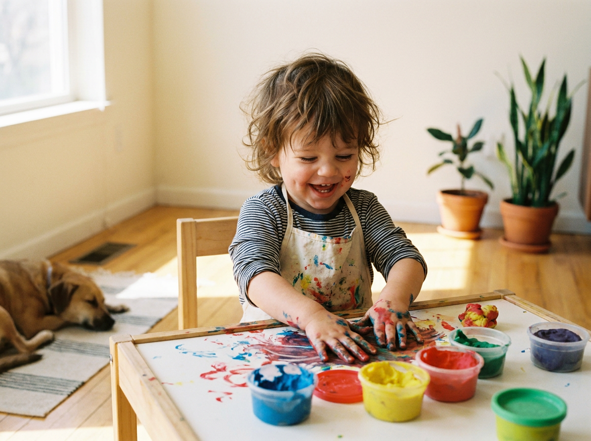 Toddler doing a sensory craft activity at NH Creative Kids Club