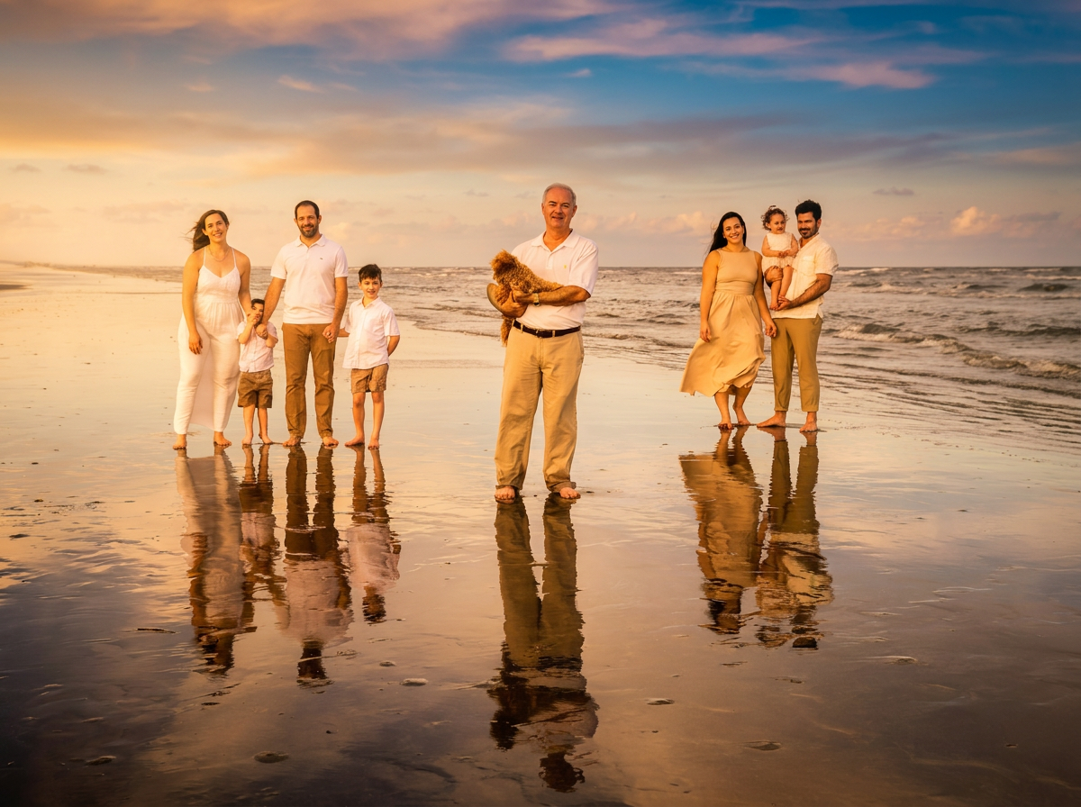 Family beach photography by Nancy Hruby — golden hour session on the Texas Gulf Coast
