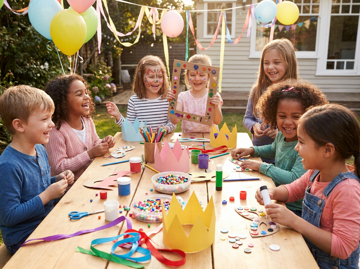Children at a birthday party craft activity run by NH Creative Kids Club