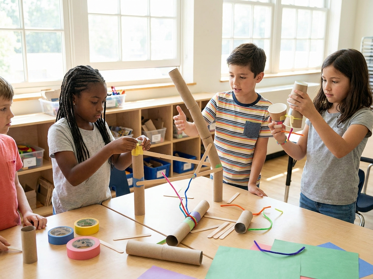 Kids working on a STEAM engineering challenge with craft materials