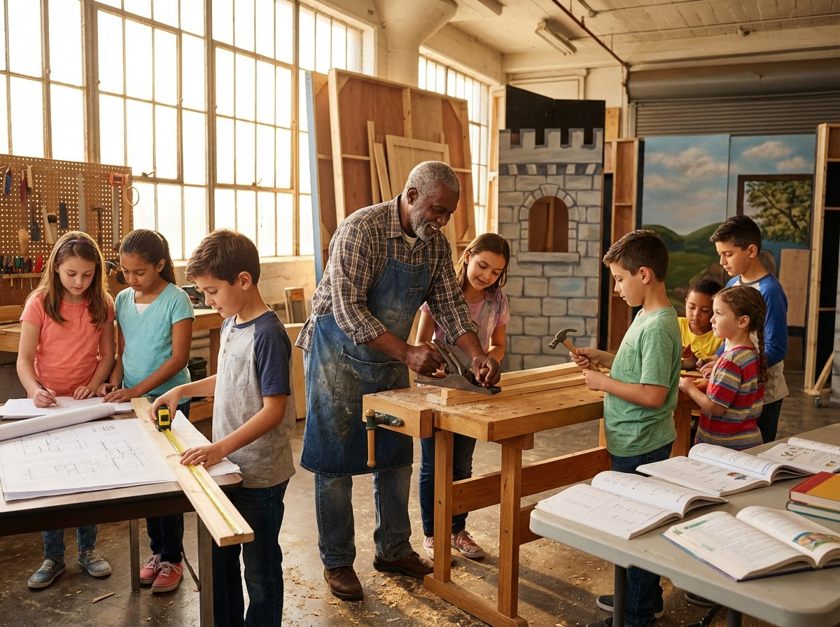 Older carpenter mentoring a group of young children aged 7 to 14 in a workshop with math and reading materials and theater set construction in the background