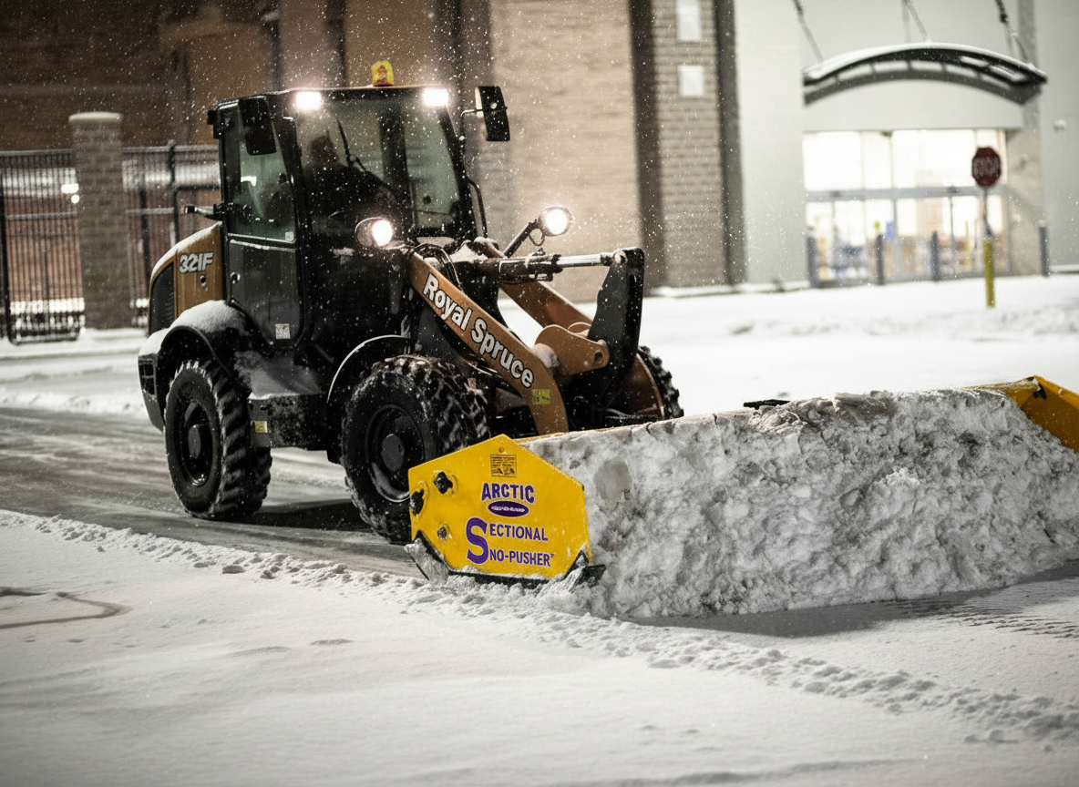Royal Spruce Case wheel loader with Arctic Sno-Pusher clearing snow