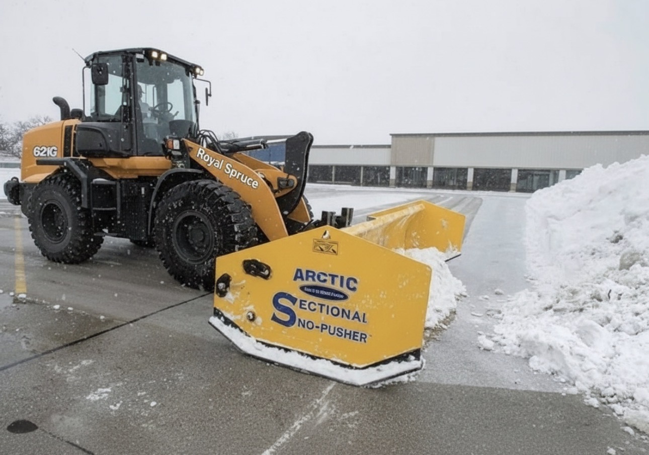 Royal Spruce Case 621G wheel loader with Arctic Sno-Pusher