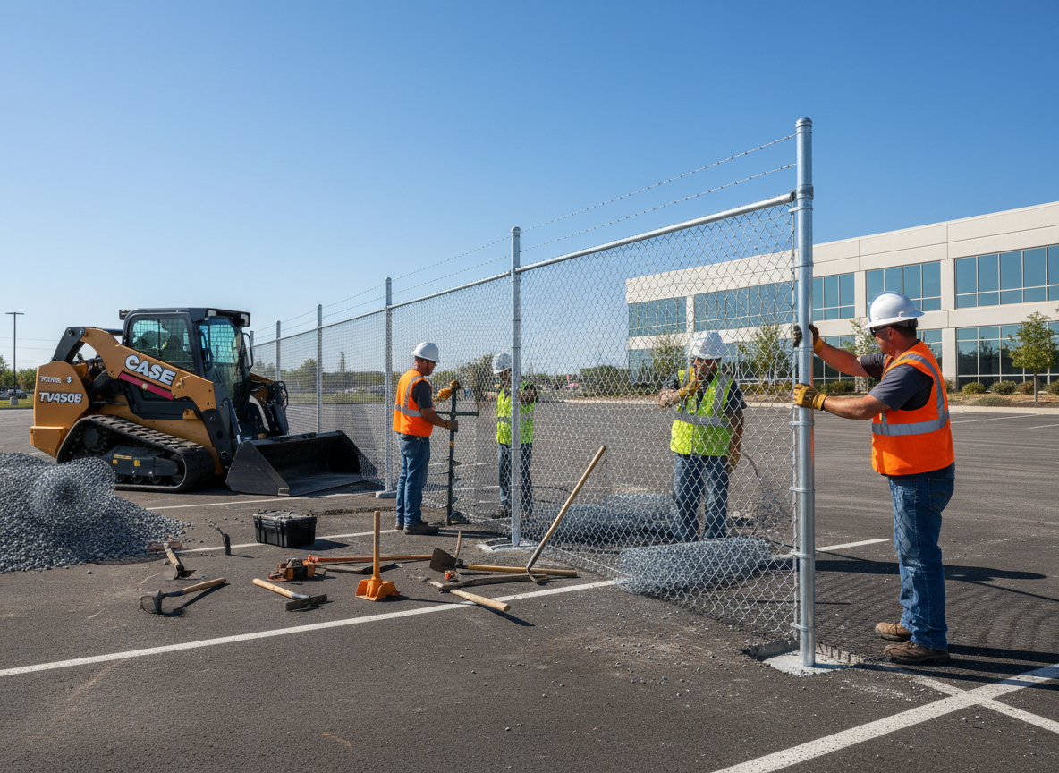 Chain link fence installation at commercial parking lot