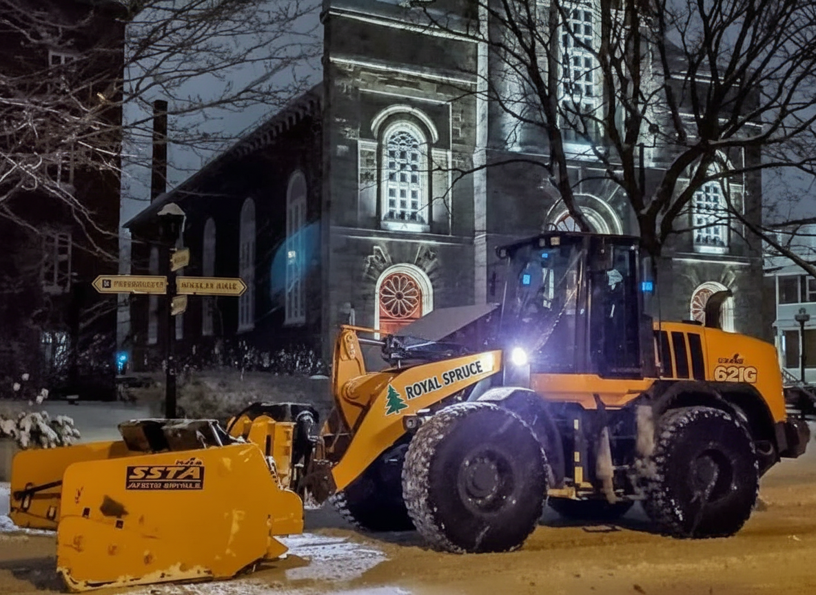 Royal Spruce Case 621G wheel loader with snow plow clearing snow at night