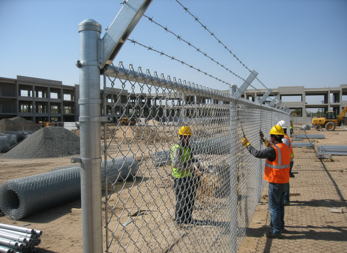 Barb wire fence installation at construction site