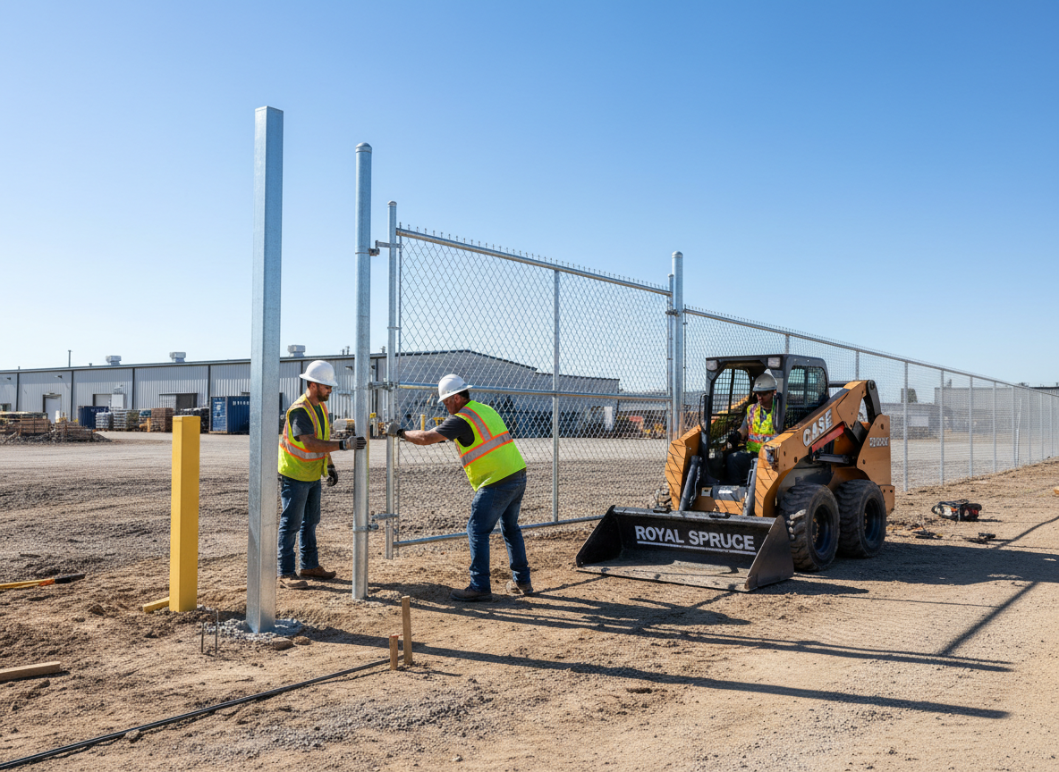 Royal Spruce crew installing chain link fence at industrial site