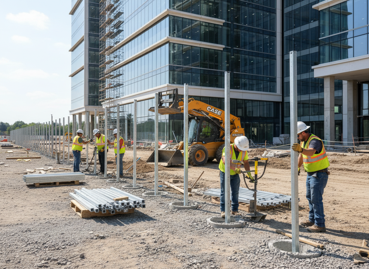 Commercial fence installation at modern building site