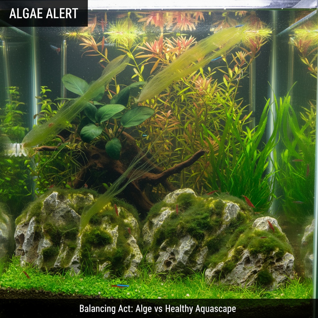A close-up of a planted aquarium with green algae visible on the glass and rocks, showing both the problem and a healthy aquascape.