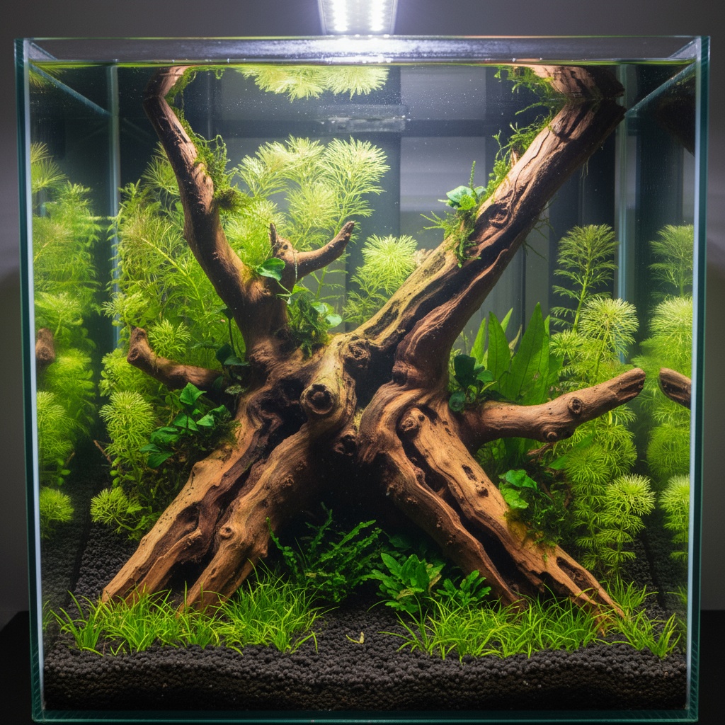 A dramatic close-up of Malaysian driftwood arranged with lush aquatic plants in a rimless aquarium.