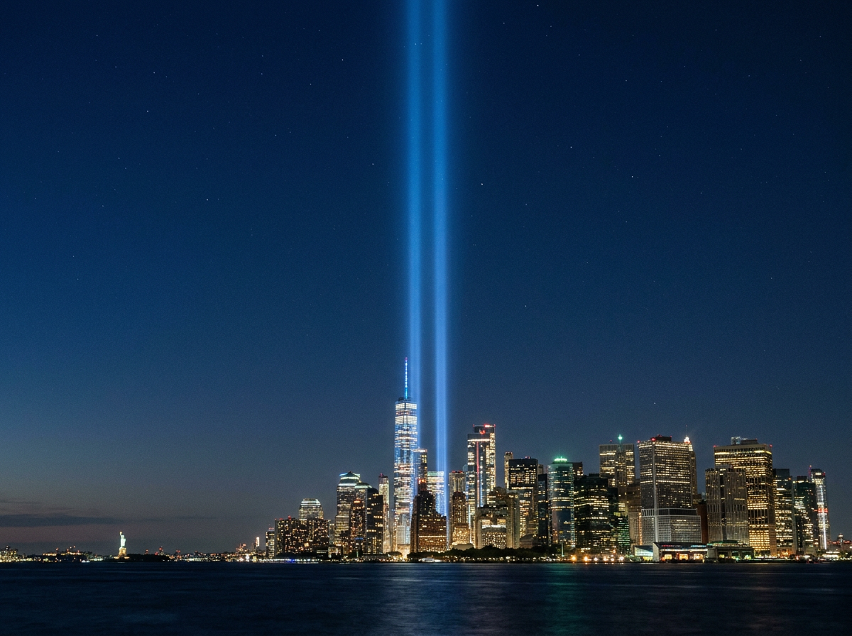 Tribute in Light — two blue light beams ascending into the night sky, reaching the height where the Twin Towers once stood, the skyline gap felt as absence