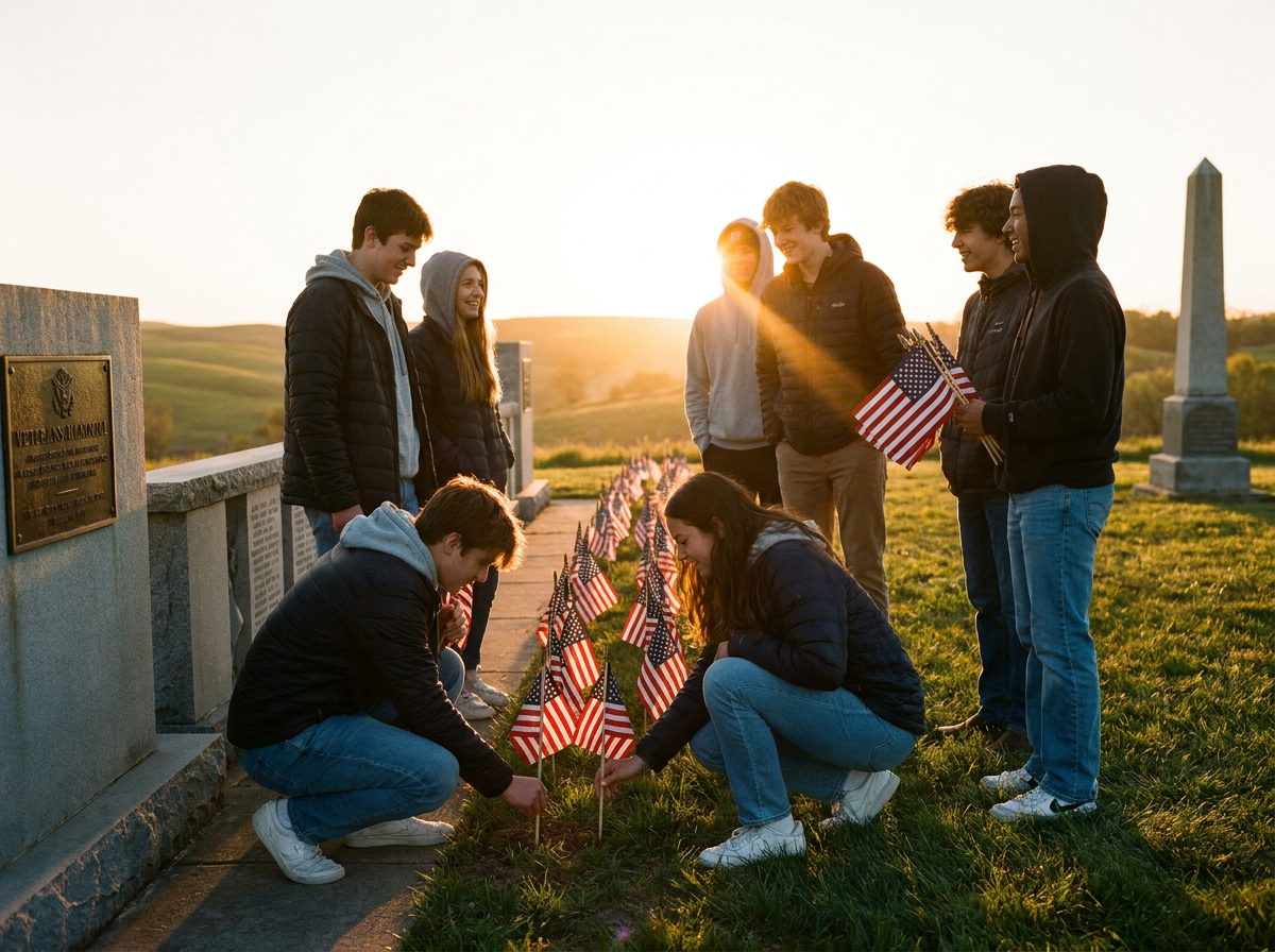 A diverse group of American teenagers placing small American flags at a veterans memorial on a hillside at golden hour