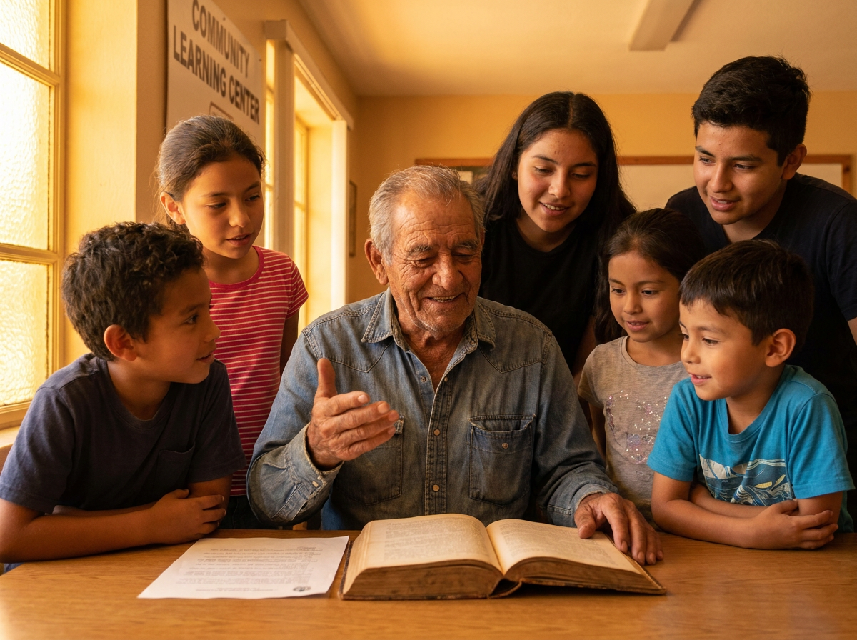 An elderly American teaching a group of children and teenagers, an open Constitution on the table between them